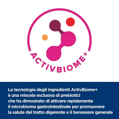 ActivBiome+ è una miscela esclusiva di prebiotici che attiva rapidamente il microbioma gastrointestinale per la salute del tratto digerente e il benessere generale.