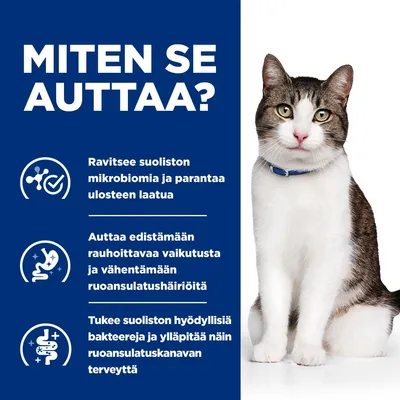 Teksti: MITEN SE AUTTAA? Ravitsee suoliston mikrobiomia ja parantaa ulosteen laatua. Auttaa edistämään rauhoittavaa vaikutusta ja vähentämään ruoansulatushäiriöitä. Tukee suoliston hyödyllisiä bakteereja ja ylläpitää näin ruoansulatuskanavan terveyttä. Kuvassa kissa.
