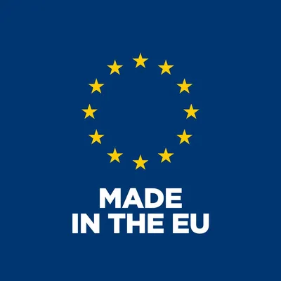 MADE IN THE EU in bold white text under yellow EU stars on blue background