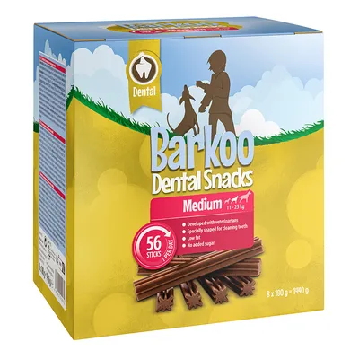 Barkoo Dental Snacks Medium til hunde 11-25 kg, 56 sticks, udviklet med dyrlæger, specielt formet til tandrensning, fedtfattig, uden tilsat sukker. Pakke: 8 x 180 g = 1440 g.
