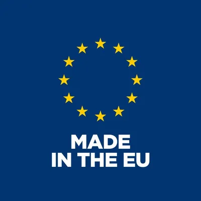 MADE IN THE EU (текст на английски) под кръг от 12 жълти звезди на син фон. Указва произход на продукта от Европейския съюз.