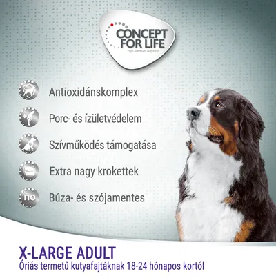 Concept for Life X-Large Adult, antioxidánskomplex, porc- és ízületvédelem, szívműködés támogatása, extra nagy krokettek, búza- és szójamentes, óriás kutyafajtáknak 18–24 hónapos kortól