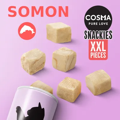 Cosma Pure Love Snackies XXL Pieces, somon. Cuburi mari de gustare liofilizată pentru animale, imagine cu bucăți și cutie mov cu siluetă de pisică.