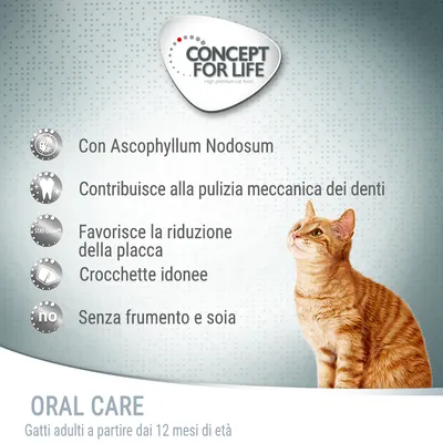 CONCEPT FOR LIFE. Con Ascophyllum Nodosum. Contribuisce alla pulizia meccanica dei denti. Favorisce la riduzione della placca. Crocchette idonee. Senza frumento e soia. ORAL CARE. Gatti adulti a partire dai 12 mesi di età.