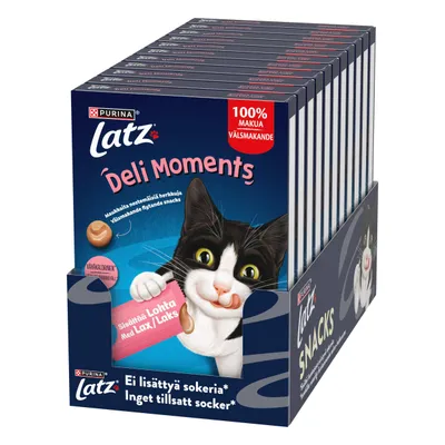 Purina Latz Deli Moments, indeholder laks, 100% smag, uden tilsat sukker. Flersproget emballage med billede af kat og snack.