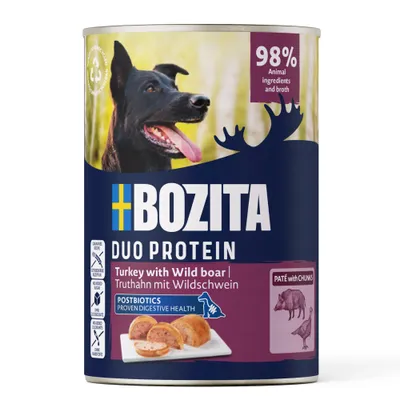 BOZITA Duo Protein Kalkoen met Wildzwijn, 98% dierlijke ingrediënten en bouillon, zonder toegevoegde suikers, postbiotica voor de spijsvertering, paté met stukjes, blik met hondenafbeelding.