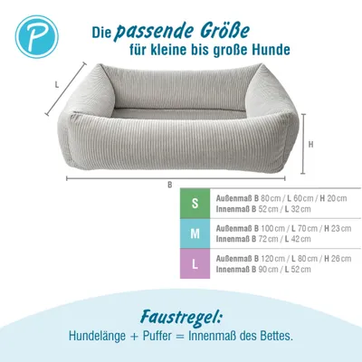 Größentabelle für Hundebetten: S Außenmaß 80x60x20 cm, Innenmaß 52x32 cm; M Außenmaß 100x70x23 cm, Innenmaß 72x42 cm; L Außenmaß 120x80x26 cm, Innenmaß 90x52 cm. Größentabelle für Hundebetten: S Außenmaß 80x60x20 cm, Innenmaß 52x32 cm; M Außenmaß 100x70x23 cm, Innenmaß 72x42 cm; L Außenmaß 120x80x26 cm, Innenmaß 90x52 cm.