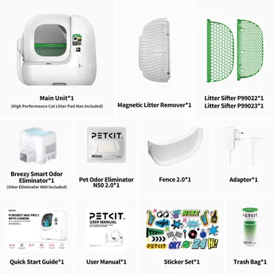 Lieferumfang: Hauptgerät, magnetischer Streuentferner, zwei grüne Streusiebe, Geruchsentferner N60 und N50, Zaun, Adapter, Schnellstartanleitung, Bedienungsanleitung, Sticker-Set, Müllbeutel. Lieferumfang: Hauptgerät, magnetischer Streuentferner, zwei grüne Streusiebe, Geruchsentferner N60 und N50, Zaun, Adapter, Schnellstartanleitung, Bedienungsanleitung, Sticker-Set, Müllbeutel.