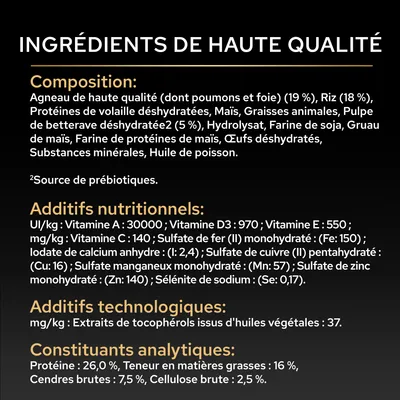 Liste des ingrédients : agneau, riz, protéine de volaille, maïs, graisses animales, pulpe de betterave, farine de soja, huile de poisson. Constituants analytiques : protéine 26 %, matières grasses 16 %, cendres brutes 7,5 %, fibres brutes 2,5 %.
