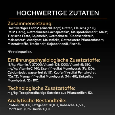 Zusammensetzung: Lachs, Reis, Lachsprotein, Maisproteinmehl, Sojamehl, Rübenschnitzel, Mineralstoffe. Vitamine A, D3, E, C, Eisen, Jod, Kupfer, Mangan, Zink. Protein 28%, Fett 18%.