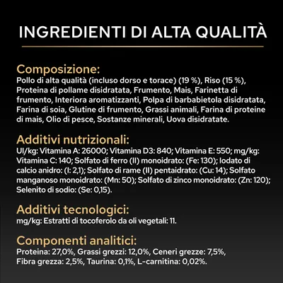 Elenco degli ingredienti e analisi: pollo, riso, mais, vitamine A, D3, E, C, minerali, tocoferoli da oli vegetali, proteine 27%, grassi 12%, ceneri grezze 7,5%, taurina 0,1%, L-carnitina 0,02%.