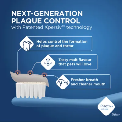 Plaqtiv+ oral care mit Xpersiv-Technologie: hilft Plaque und Zahnstein zu kontrollieren, Malzgeschmack, sorgt für frischeren Atem und sauberen Mund. Plaqtiv+ oral care mit Xpersiv-Technologie: hilft Plaque und Zahnstein zu kontrollieren, Malzgeschmack, sorgt für frischeren Atem und sauberen Mund.