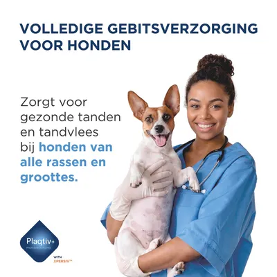 Volledige tandverzorging voor honden. Zorgt voor gezonde tanden en tandvlees bij honden van alle rassen en maten. Plaqtiv+ mondverzorging met Xpersiv.