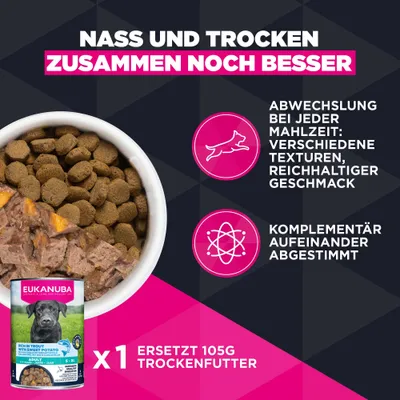 Nass und Trocken zusammen: Abwechslung bei jeder Mahlzeit, verschiedene Texturen, reichhaltiger Geschmack, komplementär abgestimmt. 1 Dose ersetzt 105g Trockenfutter. Nass und Trocken zusammen: Abwechslung bei jeder Mahlzeit, verschiedene Texturen, reichhaltiger Geschmack, komplementär abgestimmt. 1 Dose ersetzt 105g Trockenfutter.