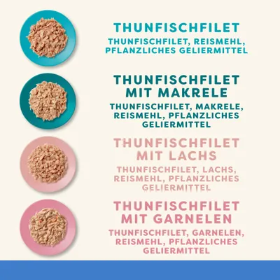 Zutatenübersicht: Thunfischfilet mit Reismehl und pflanzlichem Geliermittel, mit Makrele, mit Lachs oder mit Garnelen. Jeweils Zutaten aufgelistet. Zutatenübersicht: Thunfischfilet mit Reismehl und pflanzlichem Geliermittel, mit Makrele, mit Lachs oder mit Garnelen. Jeweils Zutaten aufgelistet.