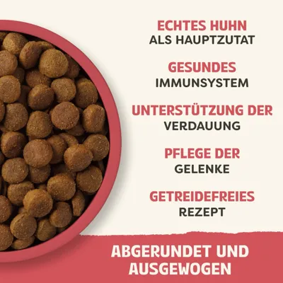Echtes Huhn als Hauptzutat, gesundes Immunsystem, Unterstützung der Verdauung, Pflege der Gelenke, getreidefreies Rezept, abgerundet und ausgewogen.