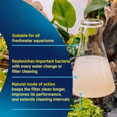 Suitable for freshwater aquariums, adds essential bacteria with every water change or filter cleaning, natural effect extends cleaning intervals and improves filter performance.