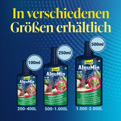 Tetra AlguMin in 100ml, 250ml und 500ml erhältlich. Für 200-400L, 500-1.000L und 1.000-2.000L. Bekämpft effektiv alle Algenarten.