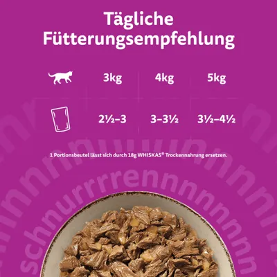 Tägliche Fütterungsempfehlung: 3kg 2½–3 Beutel, 4kg 3–3½ Beutel, 5kg 3½–4½ Beutel. 1 Portionsbeutel entspricht 18g WHISKAS Trockenfutter. Tägliche Fütterungsempfehlung: 3kg 2½–3 Beutel, 4kg 3–3½ Beutel, 5kg 3½–4½ Beutel. 1 Portionsbeutel entspricht 18g WHISKAS Trockenfutter.