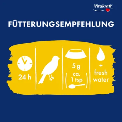 Vitakraft Fodringsanbefaling: 24 t, 5 g ca. 1 teskefuld, frisk vand Vitakraft Fodringsanbefaling: 24 t, 5 g ca. 1 teskefuld, frisk vand
