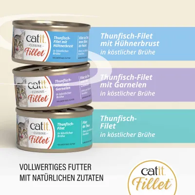 catit Cuisine Filet : Filet de thon avec blanc de poulet, filet de thon avec crevettes, filet de thon dans un délicieux bouillon. Aliment complet avec des ingrédients naturels. catit Cuisine Filet : Filet de thon avec blanc de poulet, filet de thon avec crevettes, filet de thon dans un délicieux bouillon. Aliment complet avec des ingrédients naturels.
