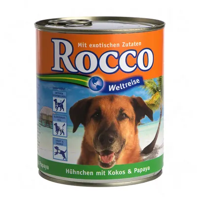 Rocco Weltreise hondenvoer, Huhnchen mit Kokos & Papaya. Met exotische Zutaten. Ondersteunt: actieve stofwisseling, glanzend vacht, kracht & energie. Tekst in het Duits.