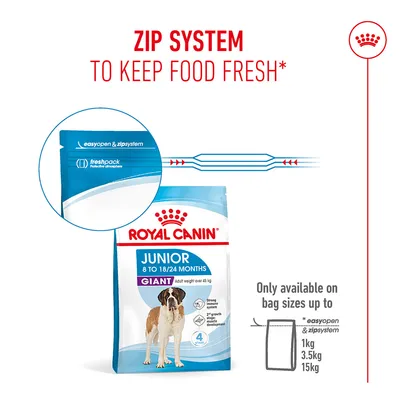 Royal Canin Junior Giant with zip system for freshness. Easy open & zip system, fresh pack. Only available with 1 kg, 3.5 kg and 15 kg bags.