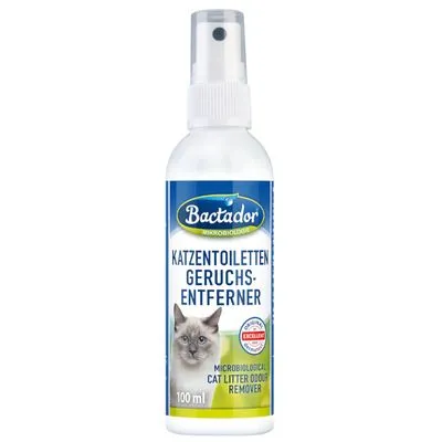 Bactador kattentoiletten geurverwijderaar spray, 100 ml. Tekst op fles: KATZENTOILETTEN GERUCHS-ENTFERNER, MICROBIOLOGICAL CAT LITTER ODOUR REMOVER.