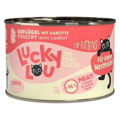 Lucky Lou fjäderfä med morot för små kattungar, 200g burk, över 96 % köttandel, Made in Germany. För kattungar.