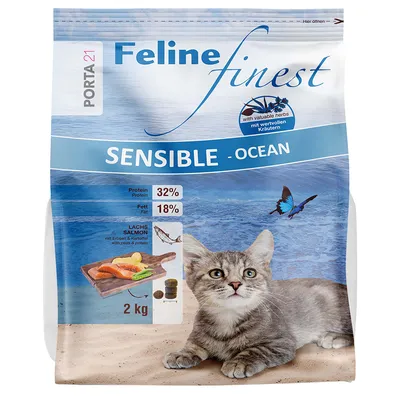 Feline Finest Sensible Ocean, hrană uscată cu somon, mazăre și cartofi. Proteină 32%, grăsime 18%. Mărimea ambalajului: 2 kg. Cu ierburi valoroase.