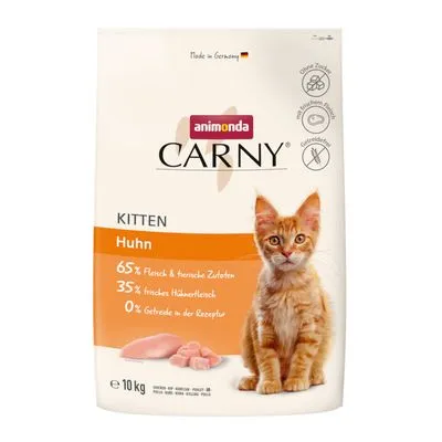 animonda Carny Kitten Huhn kattenvoer, 65% vlees & dierlijke ingrediënten, 35% vers kippenvlees, 0% granen, 10 kg verpakking. Tekst deels in het Duits.
