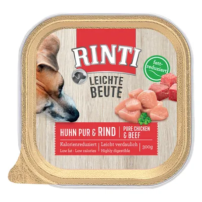 Rinti Leichte Beute, fett-reduziert, курица и говядина, 300 г. Huhn pur & Rind, Low fat, Low calories, Highly digestible. На упаковке изображены кусочки мяса и собака.