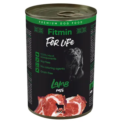 Fitmin For Life Lamb Paté koiran märkäruoka, 400 g. Tekstit: 100% Meat components, Soy free, No coloring agents, Grain free. Kuvassa lampaanlihaa ja koira.