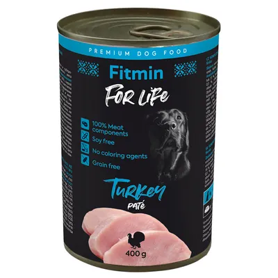 Fitmin For Life Turkey Paté koiran märkäruoka, 400 g. Tekstit: 100% Meat components, Soy free, No coloring agents, Grain free. Kuvassa kalkkunaviipaleita ja musta koira.