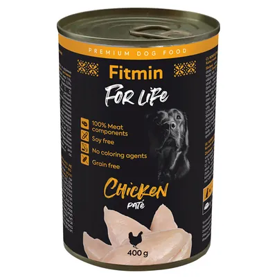 Fitmin For Life Chicken Paté koiran märkäruoka, 400 g. Tekstit: 100% Meat components, Soy free, No coloring agents, Grain free.
