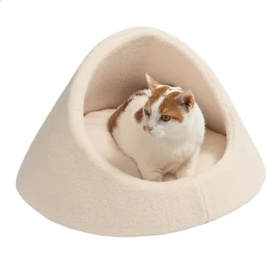 Beiges Katzenbett mit weicher Polsterung, Katze sitzt darin. Produkt zur Tierunterbringung und Komfort.