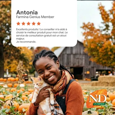 Avis client d'Antonia, membre Farmina Genius : Excellents produits ! Le conseiller m'a aidée à choisir le meilleur produit pour mon chat. Service de conseil gratuit recommandé. Avis client d'Antonia, membre Farmina Genius : Excellents produits ! Le conseiller m'a aidée à choisir le meilleur produit pour mon chat. Service de conseil gratuit recommandé.