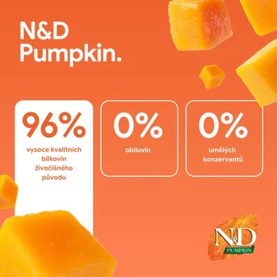 N&D Pumpkin. 96% kvalitných živočíšnych bielkovín, 0% obilnín, 0% umelých konzervačných látok. Logo N&D Pumpkin vpravo dole.