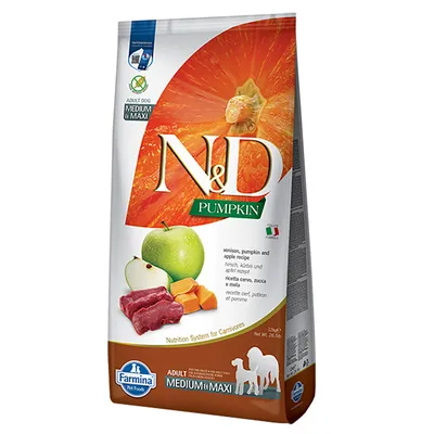 Farmina N&D Pumpkin Adult Dog Medium & Maxi, ricetta con cervo, zucca e mela. Nutrition System for Carnivores. Peso netto: 12kg.