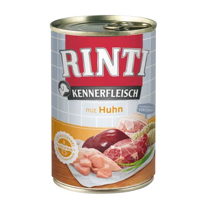 RINTI Kennerfleisch mit Huhn. Getreidefrei, Fleisch pur, ohne Kohlenhydrate. Zusammensetzung verfeinert. Abbildung von Fleischstücken auf der Dose.