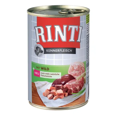 RINTI Kennerfleisch dåse med teksten 'MIT WILD', 'NEU noch mehr natürliche Fleischstücke' og billede af kød- og leverstykker på emballagen.