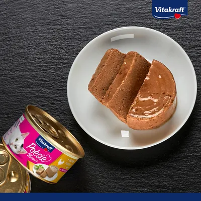 Vitakraft Poésie Mousse csirkével tányéron, mellette felnyitott konzerv. Termékbemutató nedves eledelhez. Vitakraft Poésie Mousse csirkével tányéron, mellette felnyitott konzerv. Termékbemutató nedves eledelhez.