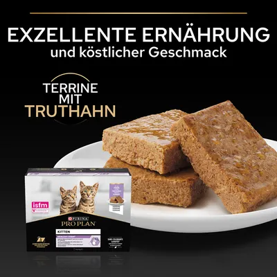 Purina Pro Plan Kitten Terrine mit Truthahn. Exzellente Ernährung und köstlicher Geschmack. ISFM-zertifiziert, ohne zugesetzte Farbstoffe.