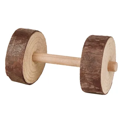 Juguete de madera en forma de mancuerna, hecho de madera natural sin tratar con corteza. Adecuado para roedores o animales pequeños.