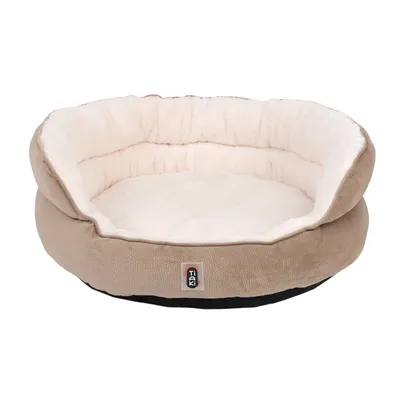 Rundes Tiaki Haustierbett in Beige mit weicher, weisser Polsterung und erhöhtem Rand für Komfort.