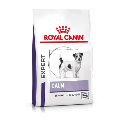 Royal Canin Expert Calm Small Dogs. Опаковка с изображение на малко куче и лилав цветен акцент.