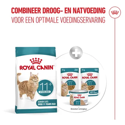 Royal Canin 11+ Sterilised droog- en natvoer voor katten vanaf 11 jaar. Combineer voor optimale voeding. Verpakkingen met kat en productnaam zichtbaar.