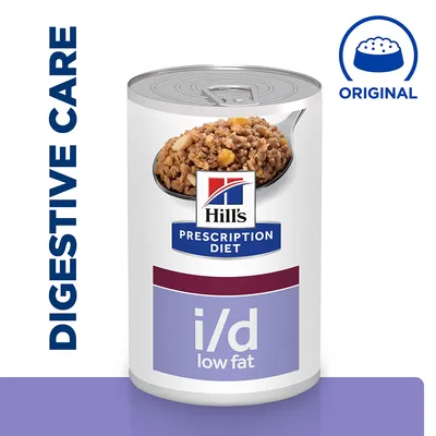 Digestive care food can labelled i/d low fat, prescription diet, original flavour. Image shows contents of the can on a spoon.