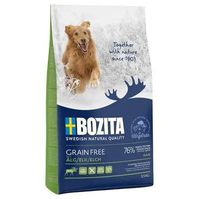 Bozita Grain Free Älg/Elch, 3,5kg. Swedish Natural Quality, 76% dierlijk eiwit, GMO-vrij, 26% eiwit, 16% vet. Voor volwassen honden van alle rassen. Gemaakt in Vårgårda.