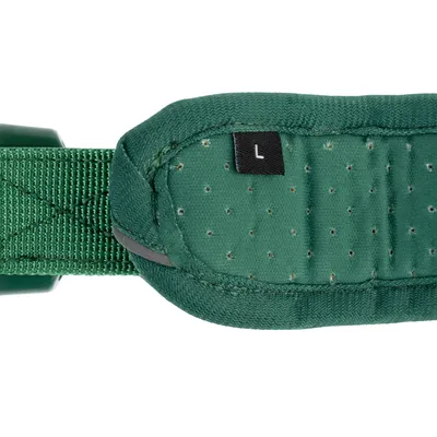 Grönt vadderat hundhalsband med storleksetikett 'L'.